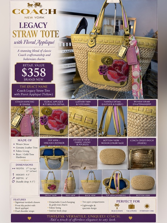 Coach Handbags - Coach Legacy Yellow Leather  Straw Tote with Pink Floral Applique and Scarf